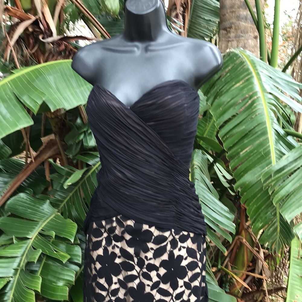 Jovani strapless silk dark floral drop waist gown